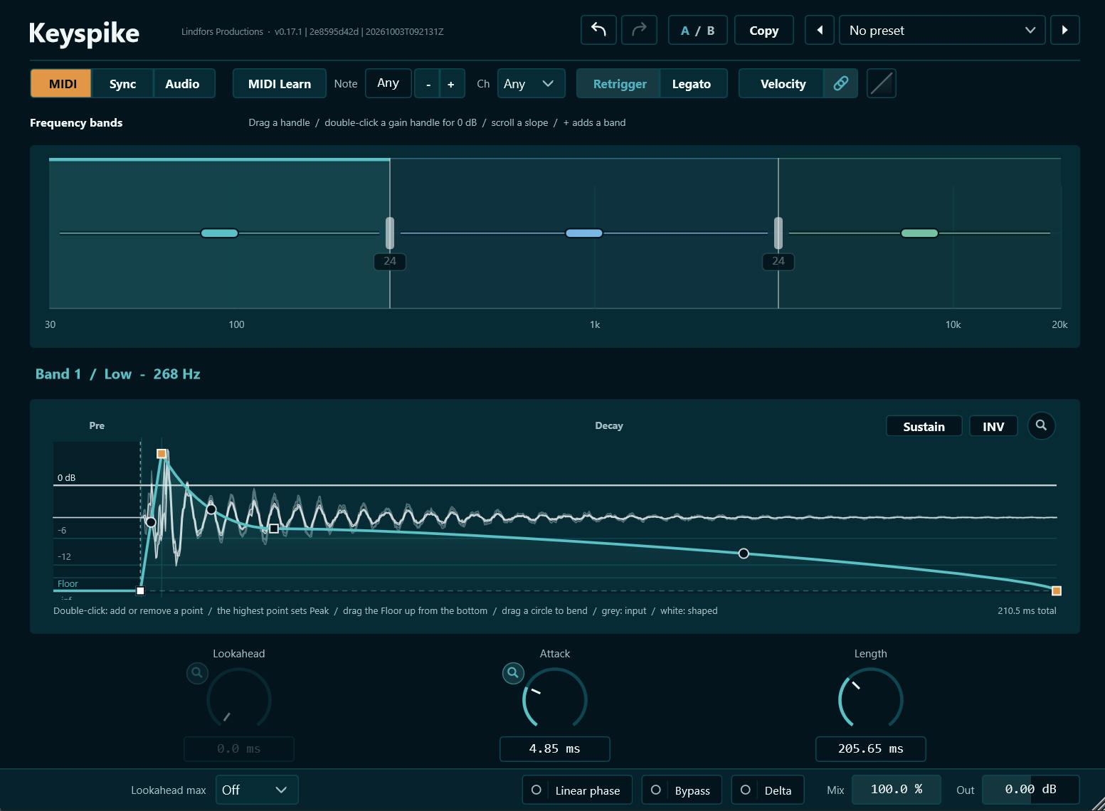 The Keyspike plugin window: three frequency bands above a drawn envelope on a snare hit, with Lookahead, Attack and Length knobs.